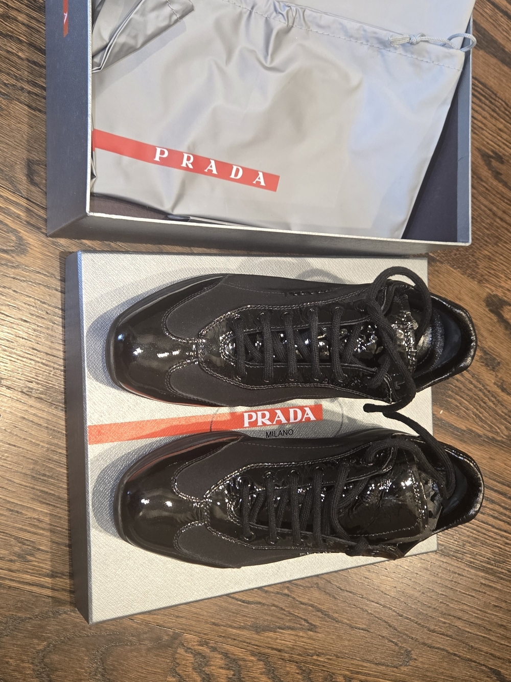 Prada Authentic Womens’s Black Patent/Nylon Leather Sneakers